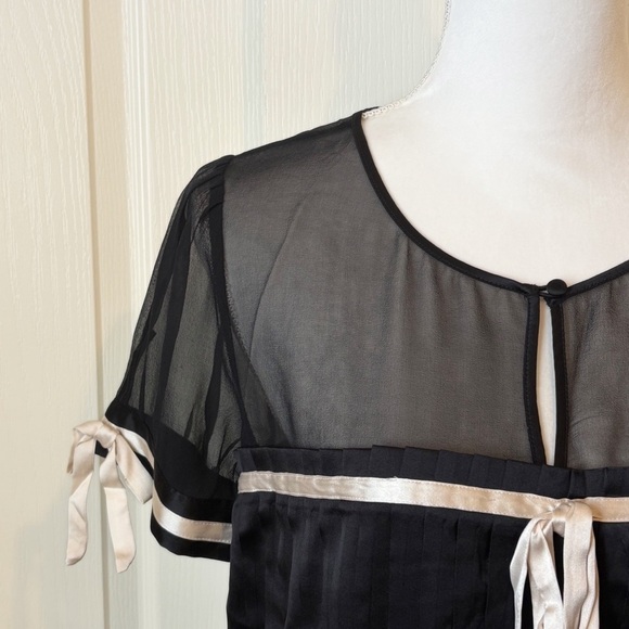 Bebe Y2K Coquette Short Sleeve Silk Blouse Black with Cream Ribbon Detailing - Picture 3 of 14
